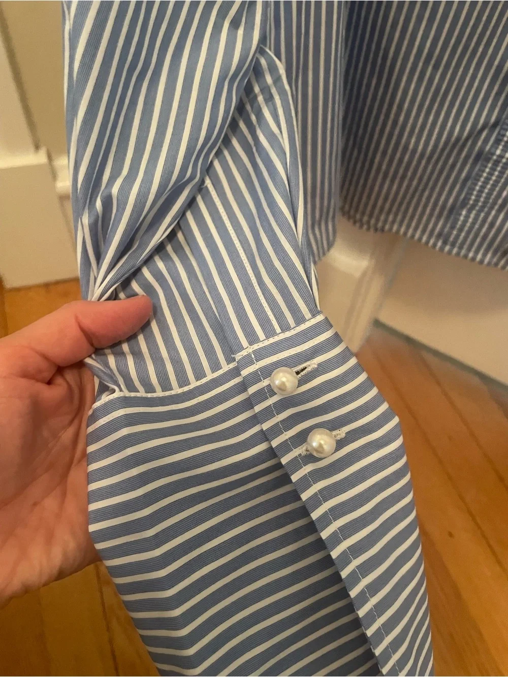 J. Crew cropped garçon Blue and White Pinstripe Shirt with pearl buttons